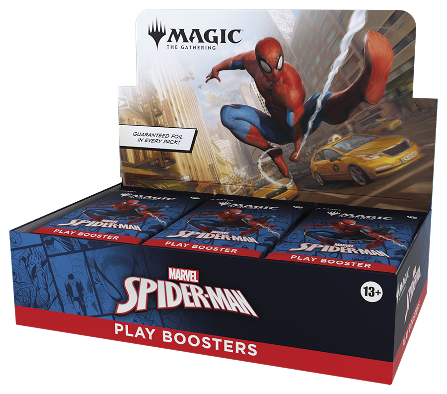 Marvel Spider-Man play boosters packaging for 'Magic: The Gathering'.