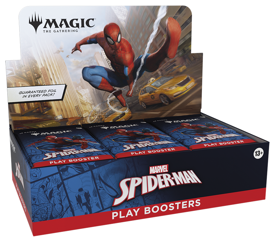 Display box of Marvel Spider-Man play boosters for Magic: The Gathering with Spider-Man graphic.