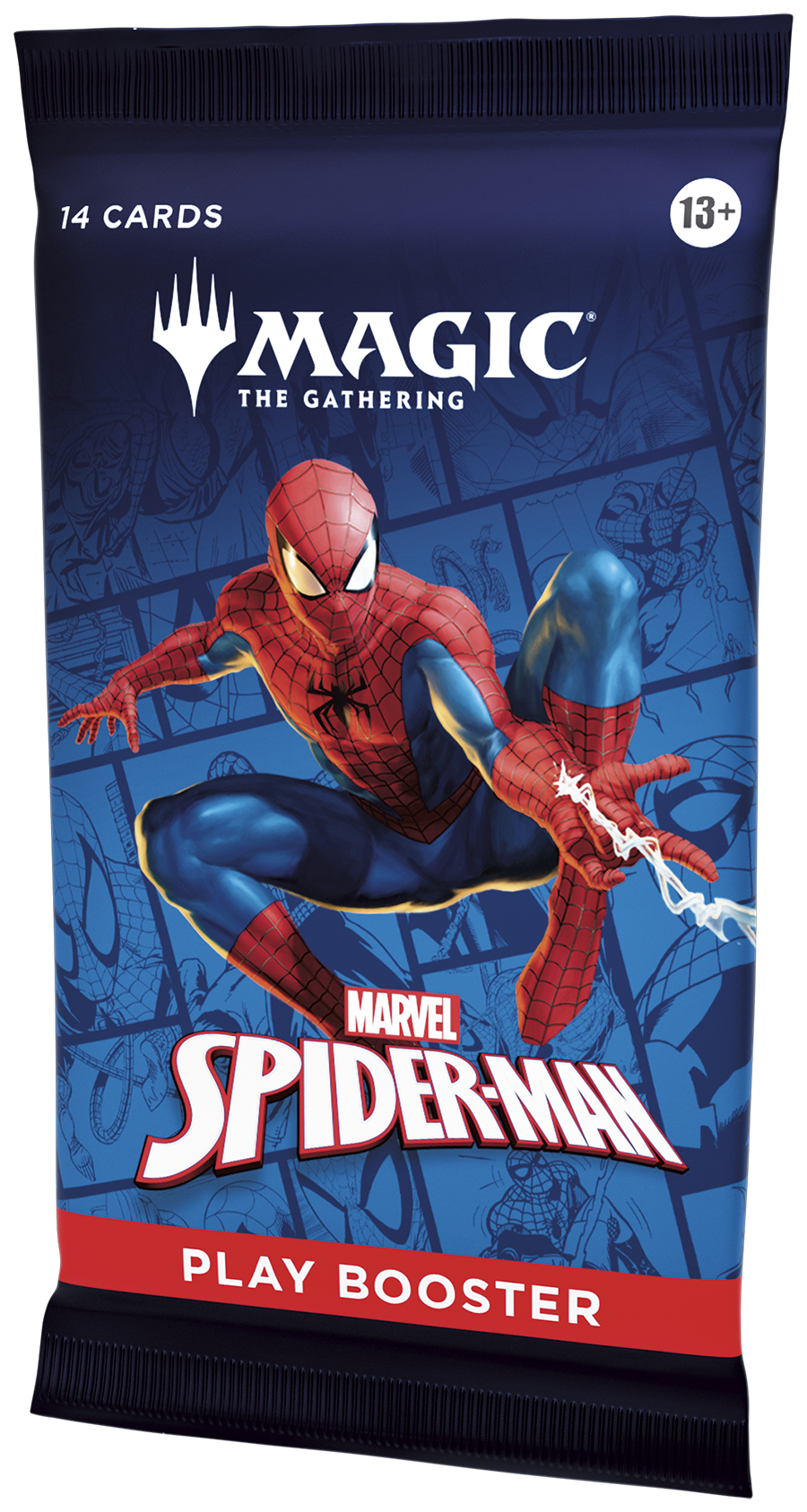 Spider-Man play booster pack for Magic: The Gathering on a white background