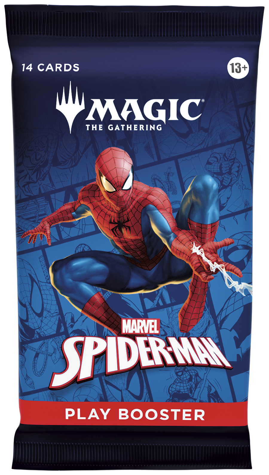 Spider-Man themed 'Magic: The Gathering' play booster pack with Marvel branding.